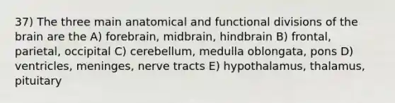 37) The three main anatomical and functional divisions of the brain are the A) forebrain, midbrain, hindbrain B) frontal, parietal, occipital C) cerebellum, medulla oblongata, pons D) ventricles, meninges, nerve tracts E) hypothalamus, thalamus, pituitary