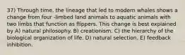 37) Through time, the lineage that led to modern whales shows a change from four -limbed land animals to aquatic animals with two limbs that function as flippers. This change is best explained by A) natural philosophy. B) creationism. C) the hierarchy of the biological organization of life. D) natural selection. E) feedback inhibition.