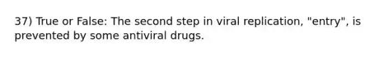 37) True or False: The second step in viral replication, "entry", is prevented by some antiviral drugs.