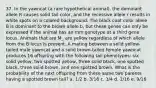 37. In the yawncat (a rare hypothetical animal), the dominant allele R causes solid tail color, and the recessive allele r results in white spots on a colored background. The black coat color allele B is dominant to the brown allele b, but these genes can only be expressed if the animal has an mm genotype at a third gene locus. Animals that are M_ are yellow regardless of which allele from the B locus is present. A mating between a solid yellow-tailed male yawncat and a solid brown-tailed female yawncat produces 16 offspring with the following tail phenotypes: six solid yellow, two spotted yellow, three solid black, one spotted black, three solid brown, and one spotted brown. What is the probability of the next offspring from these same two parents having a spotted brown tail? a. 1/2 b. 3/16 c. 1/4 d. 1/16 e. 9/16