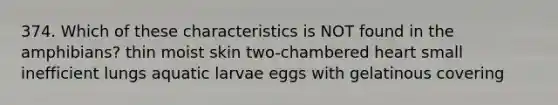 374. Which of these characteristics is NOT found in the amphibians? thin moist skin two-chambered heart small inefficient lungs aquatic larvae eggs with gelatinous covering