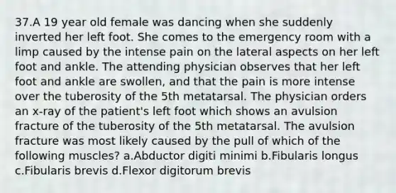 37.A 19 year old female was dancing when she suddenly inverted her left foot. She comes to the emergency room with a limp caused by the intense pain on the lateral aspects on her left foot and ankle. The attending physician observes that her left foot and ankle are swollen, and that the pain is more intense over the tuberosity of the 5th metatarsal. The physician orders an x-ray of the patient's left foot which shows an avulsion fracture of the tuberosity of the 5th metatarsal. The avulsion fracture was most likely caused by the pull of which of the following muscles? a.Abductor digiti minimi b.Fibularis longus c.Fibularis brevis d.Flexor digitorum brevis