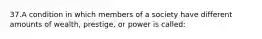 37.A condition in which members of a society have different amounts of wealth, prestige, or power is called: