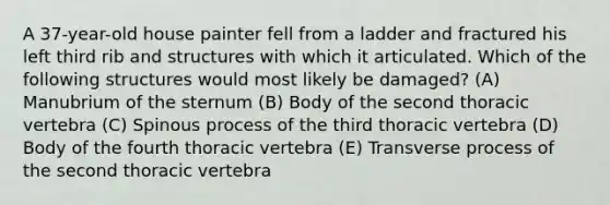 A 37-year-old house painter fell from a ladder and fractured his left third rib and structures with which it articulated. Which of the following structures would most likely be damaged? (A) Manubrium of the sternum (B) Body of the second thoracic vertebra (C) Spinous process of the third thoracic vertebra (D) Body of the fourth thoracic vertebra (E) Transverse process of the second thoracic vertebra