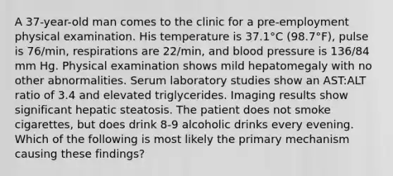 A 37-year-old man comes to the clinic for a pre-employment physical examination. His temperature is 37.1°C (98.7°F), pulse is 76/min, respirations are 22/min, and blood pressure is 136/84 mm Hg. Physical examination shows mild hepatomegaly with no other abnormalities. Serum laboratory studies show an AST:ALT ratio of 3.4 and elevated triglycerides. Imaging results show significant hepatic steatosis. The patient does not smoke cigarettes, but does drink 8-9 alcoholic drinks every evening. Which of the following is most likely the primary mechanism causing these findings?