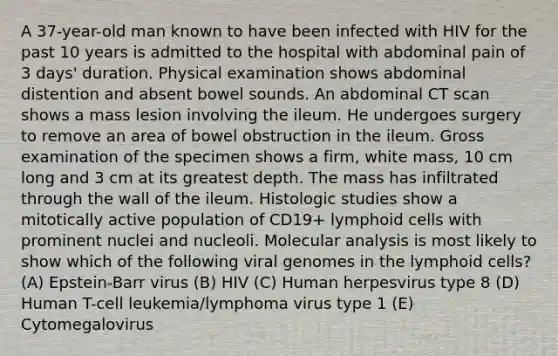 A 37-year-old man known to have been infected with HIV for the past 10 years is admitted to the hospital with abdominal pain of 3 days' duration. Physical examination shows abdominal distention and absent bowel sounds. An abdominal CT scan shows a mass lesion involving the ileum. He undergoes surgery to remove an area of bowel obstruction in the ileum. Gross examination of the specimen shows a firm, white mass, 10 cm long and 3 cm at its greatest depth. The mass has infiltrated through the wall of the ileum. Histologic studies show a mitotically active population of CD19+ lymphoid cells with prominent nuclei and nucleoli. Molecular analysis is most likely to show which of the following viral genomes in the lymphoid cells? (A) Epstein-Barr virus (B) HIV (C) Human herpesvirus type 8 (D) Human T-cell leukemia/lymphoma virus type 1 (E) Cytomegalovirus