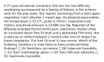 A 37-year-old woman complains that she has had difficulty swallowing accompanied by a feeling of fullness in the anterior neck for the past week. She reports recovering from a mild upper respiratory tract infection 1 month ago. On physical examination, her temperature is 37.4°C, pulse is 74/min, respirations are 14/min, and blood pressure is 125/80 mm Hg. Palpation of her diffusely enlarged thyroid elicits pain. Laboratory studies show an increased serum free T4 level and a decreased TSH level. She is seen by an endocrinologist 2 months later and no longer has these complaints. The free T4 level is now normal. Which of the following conditions is most likely to have produced these findings? □ (A) Medullary carcinoma □ (B) Subacute thyroiditis □ (C) Toxic multinodular goiter □ (D) Toxic follicular adenoma □ (E) Hashimoto thyroiditis