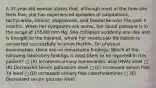 A 37-year-old woman states that, although most of the time she feels fine, she has experienced episodes of palpitations, tachycardia, tremor, diaphoresis, and headache over the past 3 months. When her symptoms are worse, her blood pressure is in the range of 155/90 mm Hg. She collapses suddenly one day and is brought to the hospital, where her ventricular fibrillation is converted successfully to sinus rhythm. On physical examination, there are no remarkable findings. Which of the following laboratory findings is most likely to be reported in this patient? □ (A) Increased urinary homovanillic acid (HVA) level □ (B) Decreased serum potassium level □ (C) Increased serum free T4 level □ (D) Increased urinary free catecholamines □ (E) Decreased serum glucose level