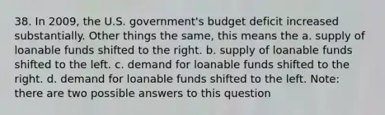 38. In 2009, the U.S. government's budget deficit increased substantially. Other things the same, this means the a. supply of loanable funds shifted to the right. b. supply of loanable funds shifted to the left. c. demand for loanable funds shifted to the right. d. demand for loanable funds shifted to the left. Note: there are two possible answers to this question