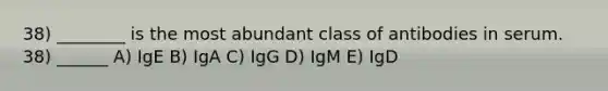 38) ________ is the most abundant class of antibodies in serum. 38) ______ A) IgE B) IgA C) IgG D) IgM E) IgD