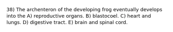 38) The archenteron of the developing frog eventually develops into the A) reproductive organs. B) blastocoel. C) heart and lungs. D) digestive tract. E) brain and spinal cord.