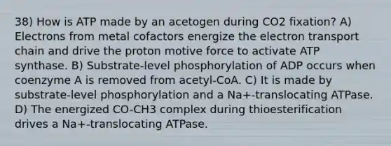 38) How is ATP made by an acetogen during CO2 fixation? A) Electrons from metal cofactors energize <a href='https://www.questionai.com/knowledge/k57oGBr0HP-the-electron-transport-chain' class='anchor-knowledge'>the electron transport chain</a> and drive the proton motive force to activate ATP synthase. B) Substrate-level phosphorylation of ADP occurs when coenzyme A is removed from acetyl-CoA. C) It is made by substrate-level phosphorylation and a Na+-translocating ATPase. D) The energized CO-CH3 complex during thioesterification drives a Na+-translocating ATPase.