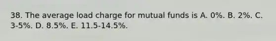 38. The average load charge for mutual funds is A. 0%. B. 2%. C. 3-5%. D. 8.5%. E. 11.5-14.5%.