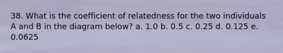 38. What is the coefficient of relatedness for the two individuals A and B in the diagram below? a. 1.0 b. 0.5 c. 0.25 d. 0.125 e. 0.0625