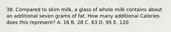 38. Compared to skim milk, a glass of whole milk contains about an additional seven grams of fat. How many additional Calories does this represent? A. 16 B. 28 C. 63 D. 95 E. 120