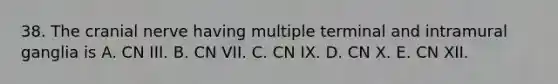 38. The cranial nerve having multiple terminal and intramural ganglia is A. CN III. B. CN VII. C. CN IX. D. CN X. E. CN XII.