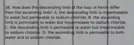 38. How does the descending limb of the loop of Henle differ from the ascending limb? A. the descending limb is impermeable to water but permeable to sodium chloride. B. the ascending limb is permeable to water but impermeable to sodium chloride. C. the descending limb is permeable to water but impermeable to sodium chloride. D. the ascending limb is permeable to both water and to sodium chloride.