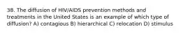 38. The diffusion of HIV/AIDS prevention methods and treatments in the United States is an example of which type of diffusion? A) contagious B) hierarchical C) relocation D) stimulus