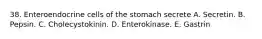 38. Enteroendocrine cells of the stomach secrete A. Secretin. B. Pepsin. C. Cholecystokinin. D. Enterokinase. E. Gastrin