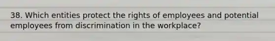 38. Which entities protect the rights of employees and potential employees from discrimination in the workplace?