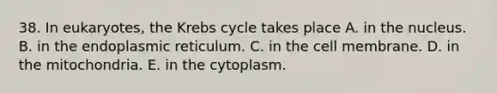 38. In eukaryotes, the Krebs cycle takes place A. in the nucleus. B. in the endoplasmic reticulum. C. in the cell membrane. D. in the mitochondria. E. in the cytoplasm.