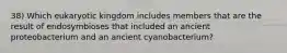 38) Which eukaryotic kingdom includes members that are the result of endosymbioses that included an ancient proteobacterium and an ancient cyanobacterium?