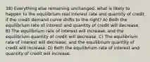 38) Everything else remaining unchanged, what is likely to happen to the equilibrium real interest rate and quantity of credit if the credit demand curve shifts to the right? A) Both the equilibrium rate of interest and quantity of credit will decrease. B) The equilibrium rate of interest will increase, and the equilibrium quantity of credit will decrease. C) The equilibrium rate of interest will decrease, and the equilibrium quantity of credit will increase. D) Both the equilibrium rate of interest and quantity of credit will increase.