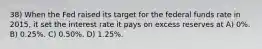 38) When the Fed raised its target for the federal funds rate in 2015, it set the interest rate it pays on excess reserves at A) 0%. B) 0.25%. C) 0.50%. D) 1.25%.