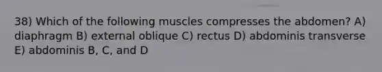 38) Which of the following muscles compresses the abdomen? A) diaphragm B) external oblique C) rectus D) abdominis transverse E) abdominis B, C, and D