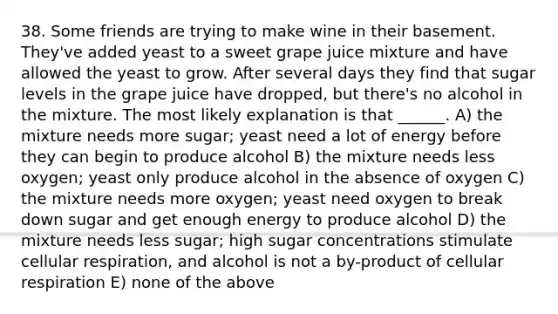 38. Some friends are trying to make wine in their basement. They've added yeast to a sweet grape juice mixture and have allowed the yeast to grow. After several days they find that sugar levels in the grape juice have dropped, but there's no alcohol in the mixture. The most likely explanation is that ______. A) the mixture needs more sugar; yeast need a lot of energy before they can begin to produce alcohol B) the mixture needs less oxygen; yeast only produce alcohol in the absence of oxygen C) the mixture needs more oxygen; yeast need oxygen to break down sugar and get enough energy to produce alcohol D) the mixture needs less sugar; high sugar concentrations stimulate <a href='https://www.questionai.com/knowledge/k1IqNYBAJw-cellular-respiration' class='anchor-knowledge'>cellular respiration</a>, and alcohol is not a by-product of cellular respiration E) none of the above