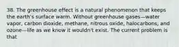 38. The greenhouse effect is a natural phenomenon that keeps the earth's surface warm. Without greenhouse gases—water vapor, carbon dioxide, methane, nitrous oxide, halocarbons, and ozone—life as we know it wouldn't exist. The current problem is that