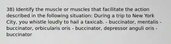 38) Identify the muscle or muscles that facilitate the action described in the following situation: During a trip to New York City, you whistle loudly to hail a taxicab. - buccinator, mentalis - buccinator, orbicularis oris - buccinator, depressor anguli oris - buccinator