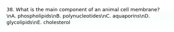 38. What is the main component of an animal cell membrane? nA. phospholipidsnB. polynucleotidesnC. aquaporinsnD. glycolipidsnE. cholesterol