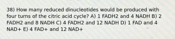 38) How many reduced dinucleotides would be produced with four turns of the citric acid cycle? A) 1 FADH2 and 4 NADH B) 2 FADH2 and 8 NADH C) 4 FADH2 and 12 NADH D) 1 FAD and 4 NAD+ E) 4 FAD+ and 12 NAD+