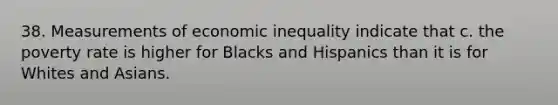 38. Measurements of economic inequality indicate that c. the poverty rate is higher for Blacks and Hispanics than it is for Whites and Asians.