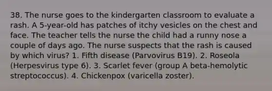 38. The nurse goes to the kindergarten classroom to evaluate a rash. A 5-year-old has patches of itchy vesicles on the chest and face. The teacher tells the nurse the child had a runny nose a couple of days ago. The nurse suspects that the rash is caused by which virus? 1. Fifth disease (Parvovirus B19). 2. Roseola (Herpesvirus type 6). 3. Scarlet fever (group A beta-hemolytic streptococcus). 4. Chickenpox (varicella zoster).