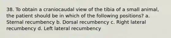 38. To obtain a craniocaudal view of the tibia of a small animal, the patient should be in which of the following positions? a. Sternal recumbency b. Dorsal recumbency c. Right lateral recumbency d. Left lateral recumbency