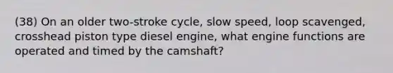 (38) On an older two-stroke cycle, slow speed, loop scavenged, crosshead piston type diesel engine, what engine functions are operated and timed by the camshaft?