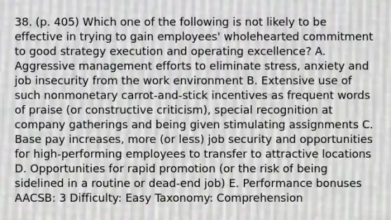 38. (p. 405) Which one of the following is not likely to be effective in trying to gain employees' wholehearted commitment to good strategy execution and operating excellence? A. Aggressive management efforts to eliminate stress, anxiety and job insecurity from the work environment B. Extensive use of such nonmonetary carrot-and-stick incentives as frequent words of praise (or constructive criticism), special recognition at company gatherings and being given stimulating assignments C. Base pay increases, more (or less) job security and opportunities for high-performing employees to transfer to attractive locations D. Opportunities for rapid promotion (or the risk of being sidelined in a routine or dead-end job) E. Performance bonuses AACSB: 3 Difficulty: Easy Taxonomy: Comprehension