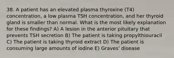 38. A patient has an elevated plasma thyroxine (T4) concentration, a low plasma TSH concentration, and her thyroid gland is smaller than normal. What is the most likely explanation for these findings? A) A lesion in the anterior pituitary that prevents TSH secretion B) The patient is taking propylthiouracil C) The patient is taking thyroid extract D) The patient is consuming large amounts of iodine E) Graves' disease