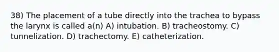 38) The placement of a tube directly into the trachea to bypass the larynx is called a(n) A) intubation. B) tracheostomy. C) tunnelization. D) trachectomy. E) catheterization.