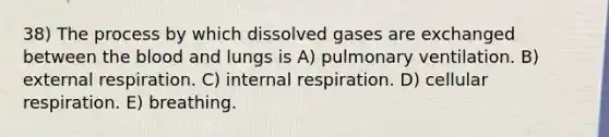 38) The process by which dissolved gases are exchanged between <a href='https://www.questionai.com/knowledge/k7oXMfj7lk-the-blood' class='anchor-knowledge'>the blood</a> and lungs is A) pulmonary ventilation. B) external respiration. C) internal respiration. D) <a href='https://www.questionai.com/knowledge/k1IqNYBAJw-cellular-respiration' class='anchor-knowledge'>cellular respiration</a>. E) breathing.