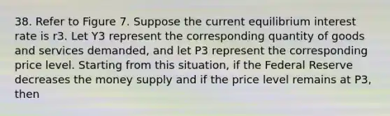 38. Refer to Figure 7. Suppose the current equilibrium interest rate is r3. Let Y3 represent the corresponding quantity of goods and services demanded, and let P3 represent the corresponding price level. Starting from this situation, if the Federal Reserve decreases the money supply and if the price level remains at P3, then