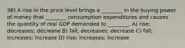 38) A rise in the price level brings a ________ in the buying power of money that ________ consumption expenditures and causes the quantity of real GDP demanded to ________. A) rise; decreases; decrease B) fall; decreases; decrease C) fall; increases; increase D) rise; increases; increase