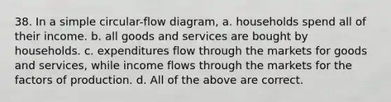 38. In a simple circular-flow diagram, a. households spend all of their income. b. all goods and services are bought by households. c. expenditures flow through the markets for goods and services, while income flows through the markets for the factors of production. d. All of the above are correct.