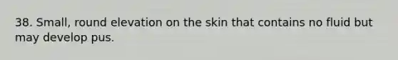 38. Small, round elevation on the skin that contains no fluid but may develop pus.