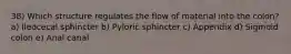38) Which structure regulates the flow of material into the colon? a) Ileocecal sphincter b) Pyloric sphincter c) Appendix d) Sigmoid colon e) Anal canal
