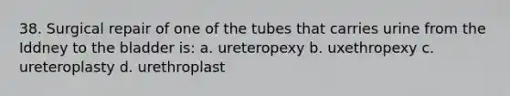 38. Surgical repair of one of the tubes that carries urine from the Iddney to the bladder is: a. ureteropexy b. uxethropexy c. ureteroplasty d. urethroplast