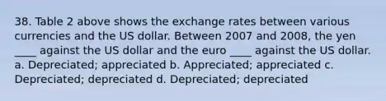 38. Table 2 above shows the exchange rates between various currencies and the US dollar. Between 2007 and 2008, the yen ____ against the US dollar and the euro ____ against the US dollar. a. Depreciated; appreciated b. Appreciated; appreciated c. Depreciated; depreciated d. Depreciated; depreciated