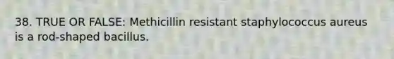 38. TRUE OR FALSE: Methicillin resistant staphylococcus aureus is a rod-shaped bacillus.